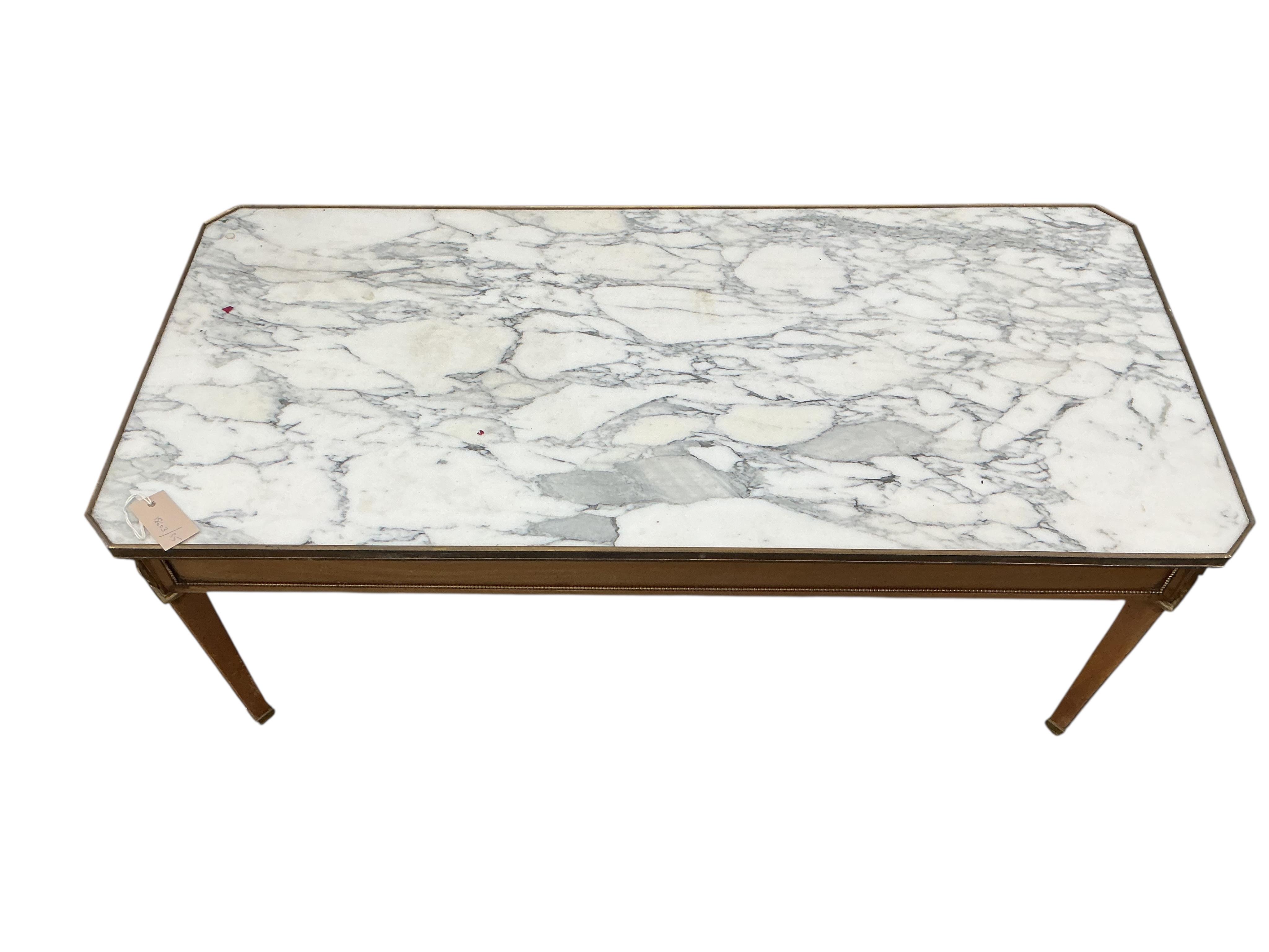 A Louis XVI style brass mounted faux marble top satinwood coffee table, width 110cm, depth 50cm, height 45cm.